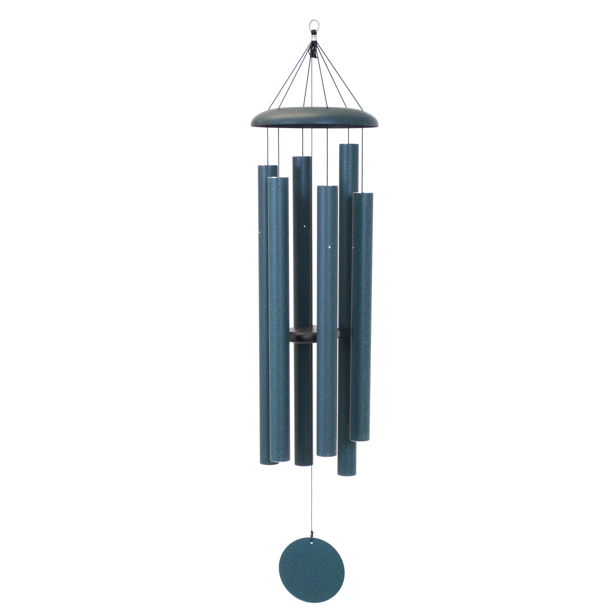 The Corinthian Bells® 60-inch Windchime, featuring multiple cylindrical metal tubes of varying lengths hanging from a circular frame, resonates with the soothing tones of a major 7th chord and has a round wind catcher at the bottom.