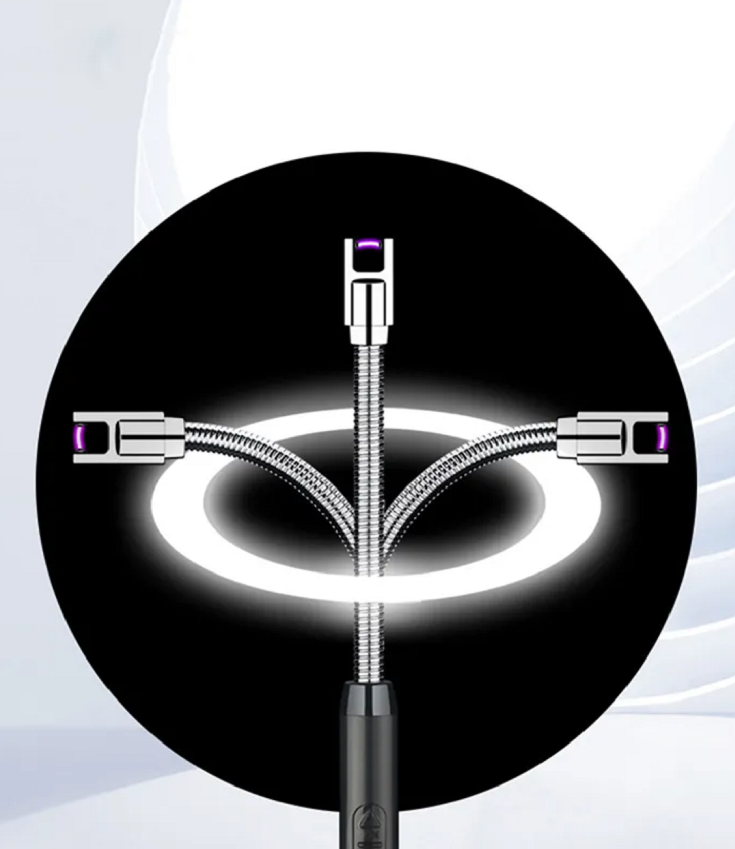 Two flexible, silver USB charging SI-25551 FLAMELESS ELECTRIC RECHARGEABLE LIGHTER cables with glowing purple connectors forming a loop on a stylized background.