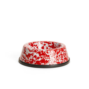 Splatter Enamelware Small Pet Bowl: red and white speckled, dishwasher-safe pet bowl with black rubber base, shown on a white background.