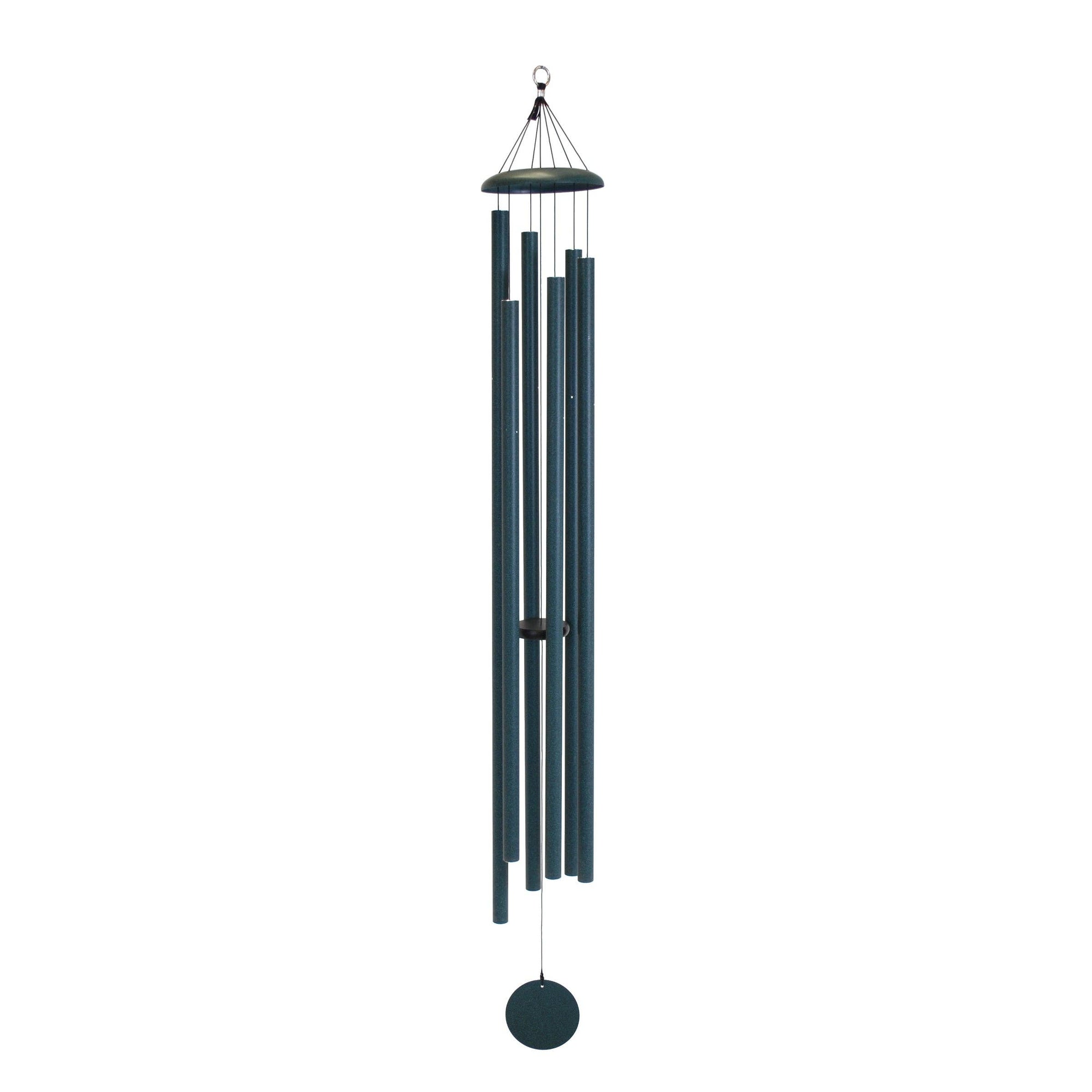 A Corinthian Bells® 74-inch windchime hanging on a white background, creating a peaceful retreat ambiance.