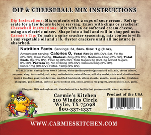 Discover the perfect holiday gift with our Jalapeno Cheddar Dip Mix, featuring jalapenos and chiles for an irresistible kick. Includes ingredients list, nutrition facts, and contact info for Carmie's Kitchen.