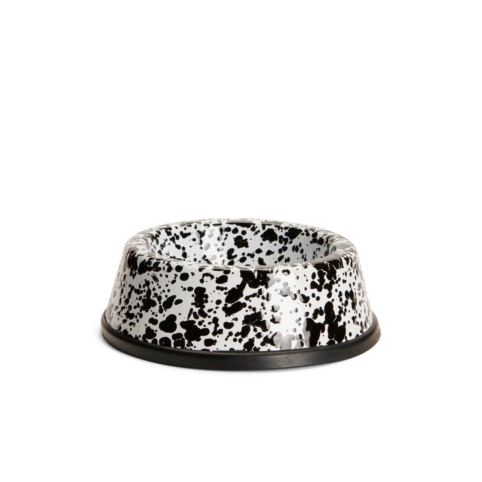 The Splatter Enamelware Small Pet Bowl, featuring a black and white speckled design and a non-slip base, is shown on a white background.