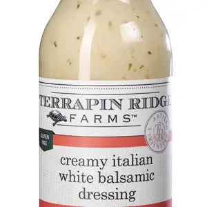 A bottle of Terrapin Ridge Creamy Italian White Balsamic Dressing, labeled gluten free.