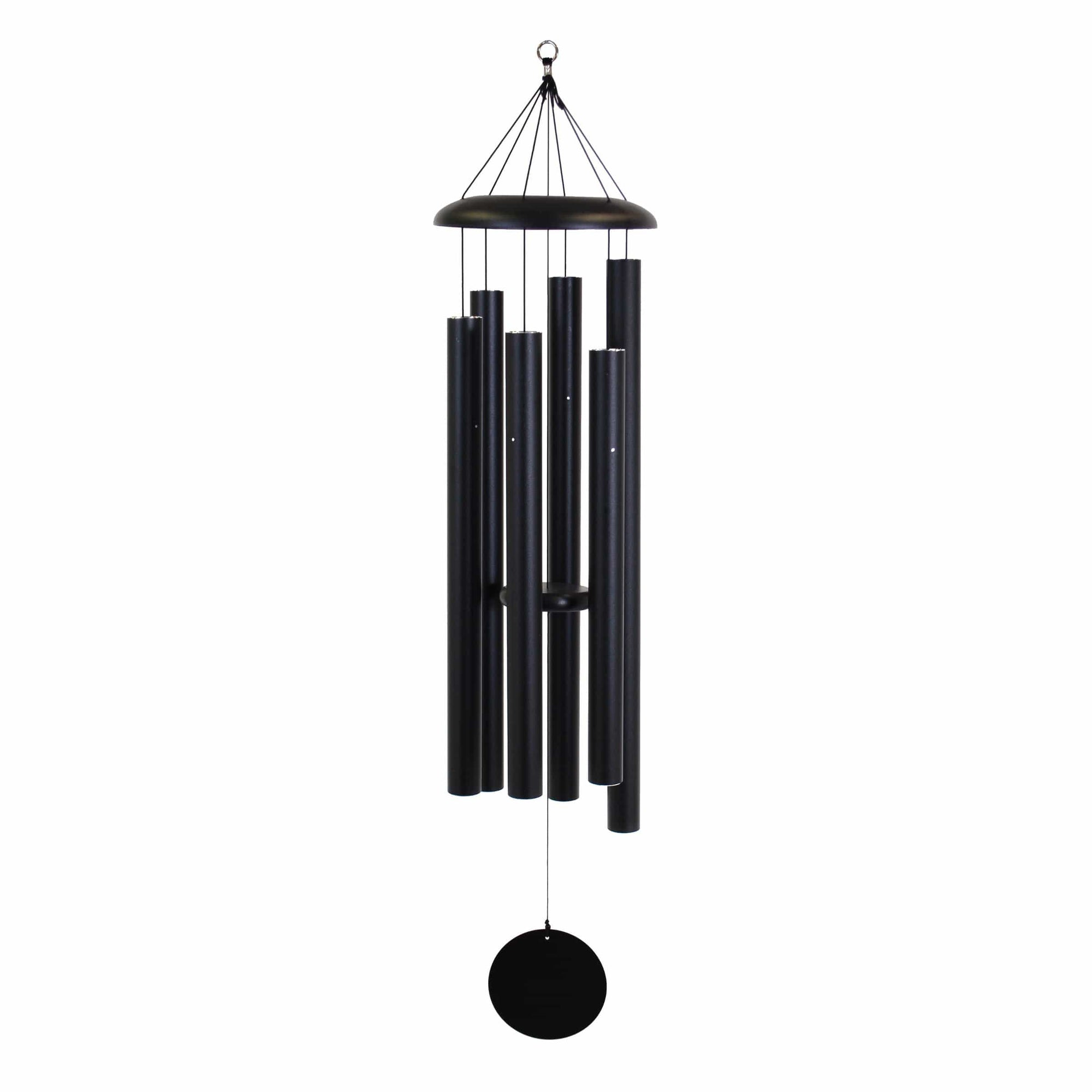 The Corinthian Bells® 60-inch Windchime in black features multiple cylindrical tubes of various lengths hanging from a circular top piece, with a round disk at the bottom for catching the wind, creating harmonious tones reminiscent of a major 7th chord.