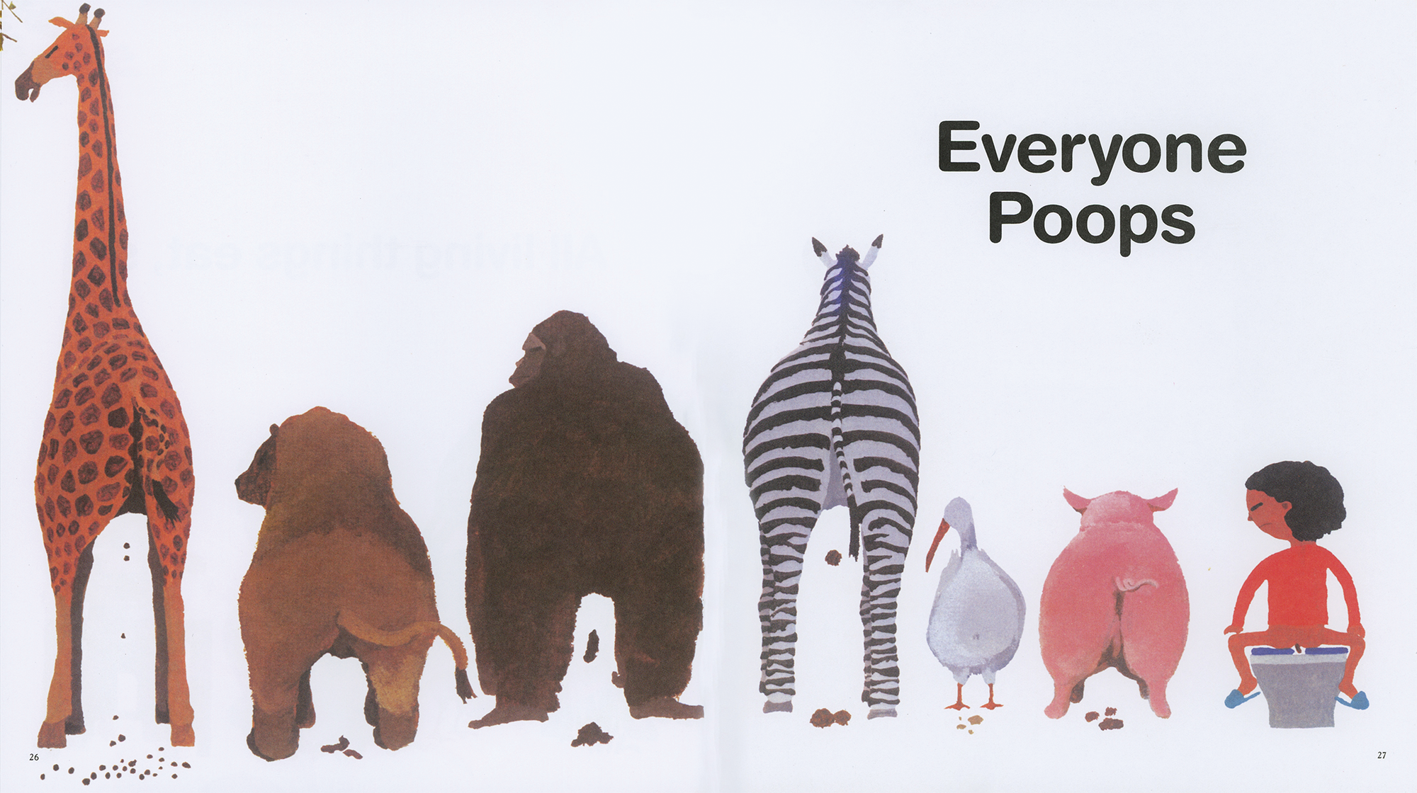 An illustration from "Everyone Poops" shows the backs of a giraffe, lion, gorilla, zebra, bird, pig, and a child sitting with a bucket beneath the text "Everyone Poops." This age-appropriate and informative image encapsulates the essence of this beloved toddler classic.