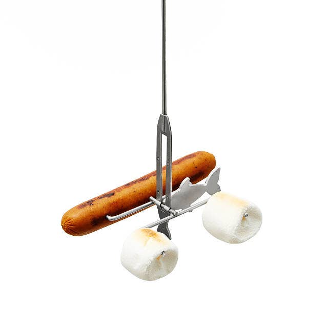 A hot dog and two marshmallows skewered on a Combo Display - Corrugated camping fork, isolated on a white background.