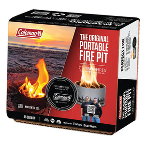 Coleman branded Mini Portable Fire Pits - City Bonfires® product packaging, featuring images of the fire pit in use and endorsement logos, including "as seen on" media icons.