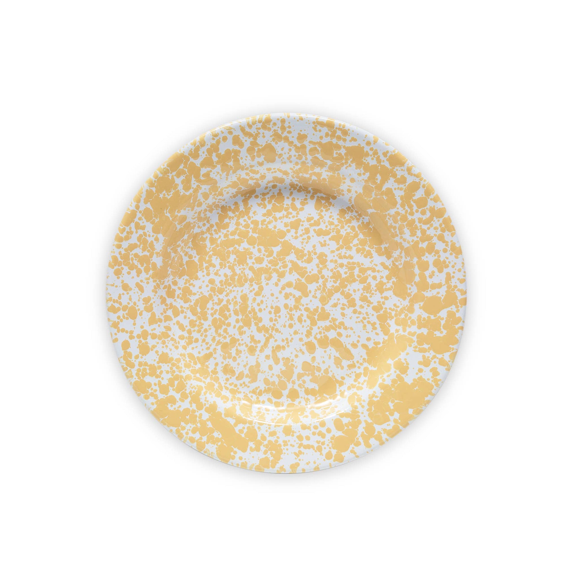 The Splatter Enamelware Dinner Plate features a white background adorned with a vibrant yellow speckled pattern, making it an ideal choice for colorful entertaining.