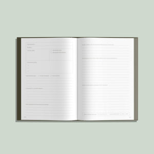 My Travel Journal is open on a light green background, showing blank itinerary and reflection prompts with sections for destination, dates, highlights, lessons learned, and personal notes.