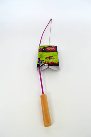 The Fire Fishing Pole is a purple cat toy wand with a wooden handle and label, designed for interactive pet play. It resembles a playful fishing pole roasting stick and is displayed on a white background.