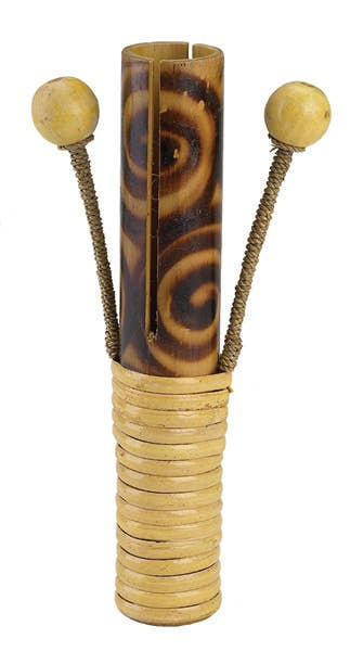 A Wooden Shaker Instrument with a cylindrical body, decorative spiral patterns, and two spherical bead-tipped wires protruding from the top, expertly hand-crafted by Balinese artisans.