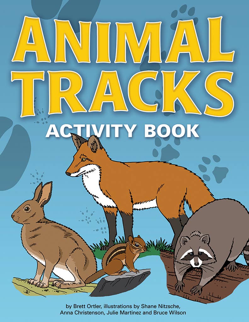 Cover of the 'Animal Tracks Activity Book' showcasing charming illustrations of a rabbit, fox, chipmunk, and raccoon. Perfect for kids, this engaging activity book features the names of the authors and illustrators listed at the bottom.