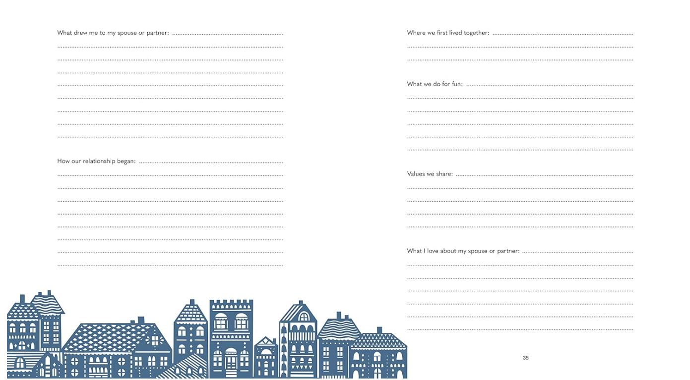 A two-page spread from "This Life of Mine" journal, featuring prompts about a relationship, such as reflections and memories of how it began, your shared fun activities, and common values. The bottom includes illustrations of buildings. Page number: 25.