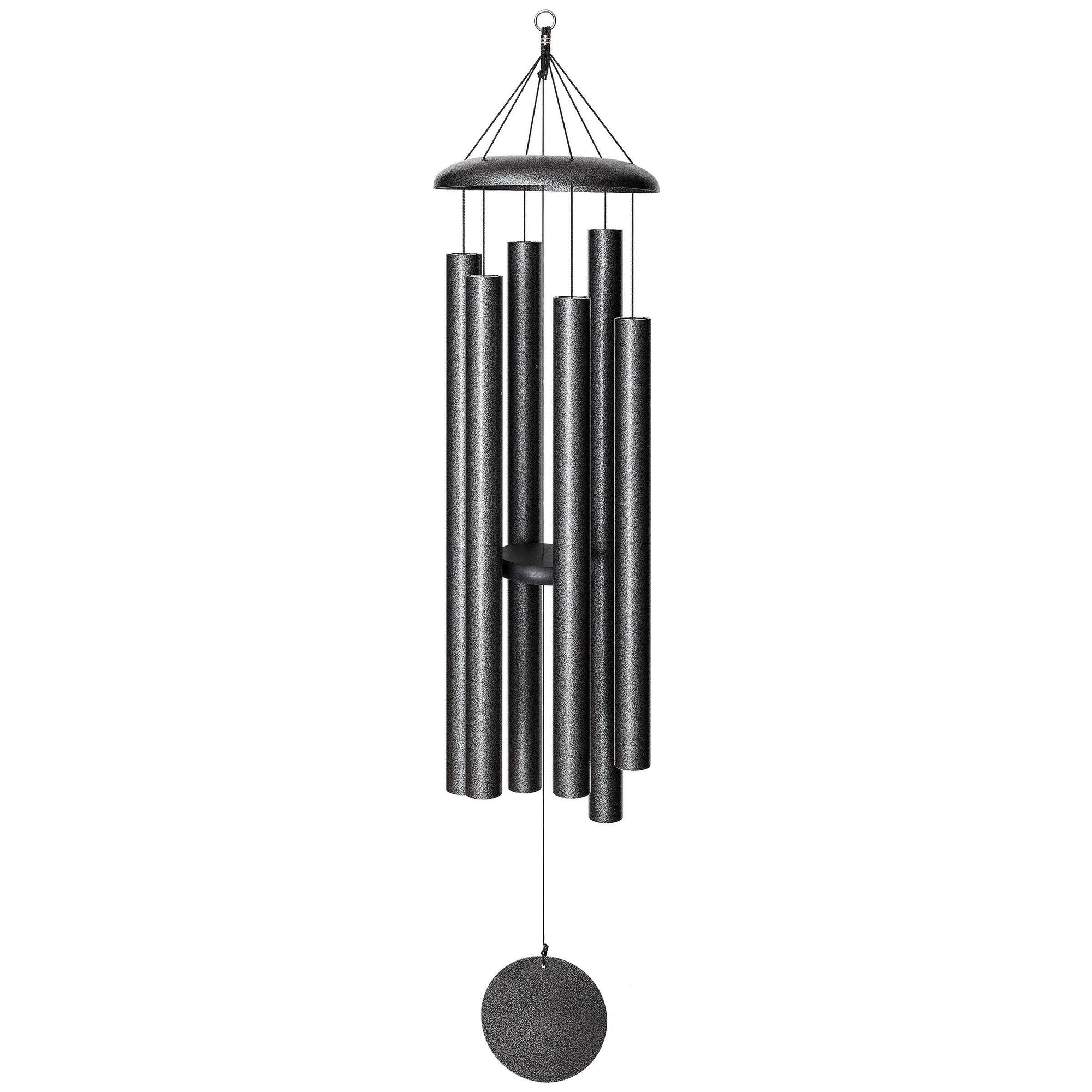 The Corinthian Bells® 60-inch Windchime features five vertical tubes made of black metal, a circular top piece, and a round clapper hanging at the bottom, all of which produce a soothing major 7th chord.