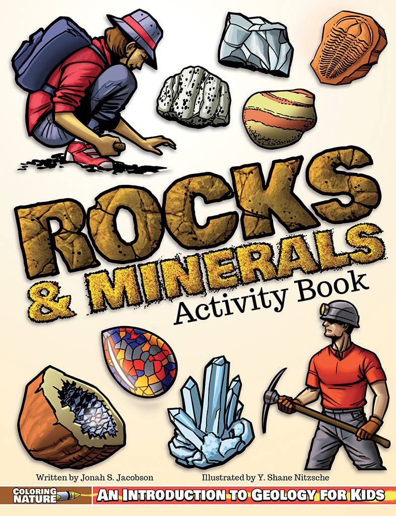 Illustrated cover of "The Ultimate Crystals & Gems Guide" featuring two geologists examining rocks, with various rock and mineral illustrations surrounding the title.