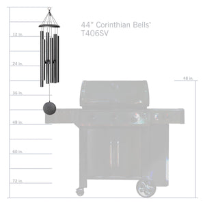 A Corinthian Bells® 44-inch Windchime is depicted next to a grill for scale, adding depth and flair, with a detailed measurement guide to the side.