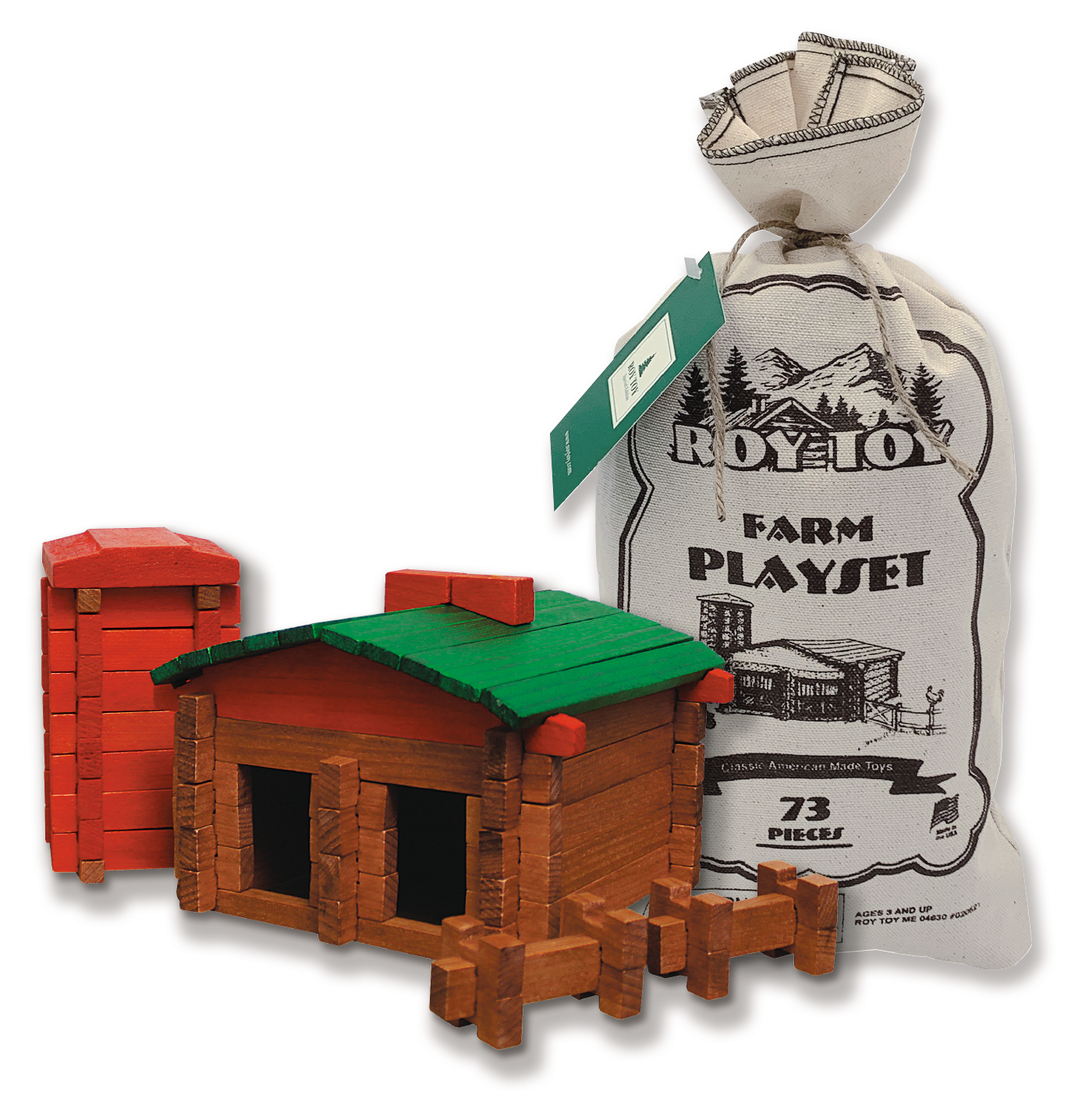 A Roy Toy Farm Canvas Bag with 73 pieces, including two red and green buildings, a fence, and a cloth storage bag labeled "Roy Toy Farm Canvas Bag." This educational toy encourages creative play and offers endless hours of fun for kids.