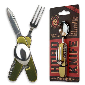 Multi-tool utensil set designed for outdoor adventures, splits into a knife, fork, and spoon, displayed open and in packaging labeled "Hobo Knife - camping, outdoors," featuring a bottle opener and can piercer.
