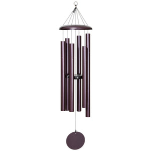 A Corinthian Bells® 50-inch Windchime hanging on a white background, producing soothing tones when it chimes.