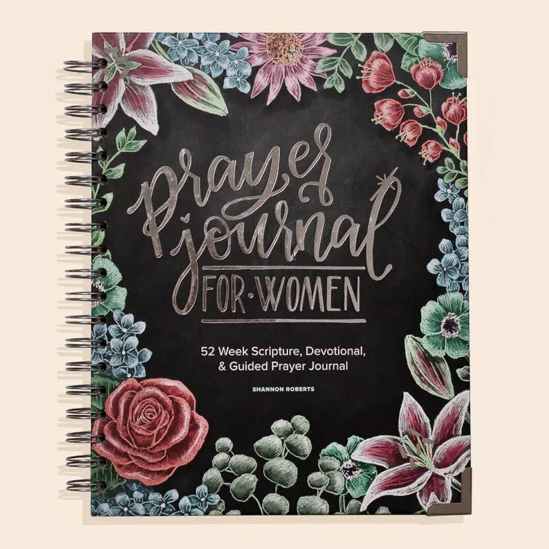 The "Prayer Journal for Women," a spiral-bound guided prayer journal featuring floral designs and crafted by Shannon Roberts, provides a 52-week Christian devotional experience.