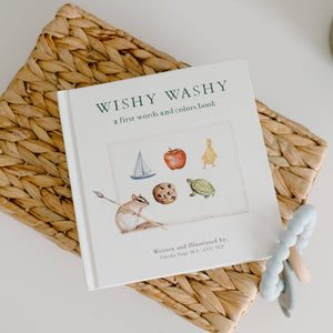 Wishy Washy: A Board Book of First Words and Colors for a toddler's education, presented on a wicker basket.