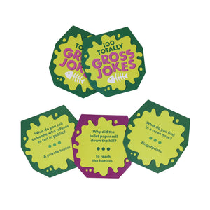 A group of colorful cards, perfect for entertaining kids with silly and gross jokes from Ridley's Games called "100 Totally Gross Jokes".