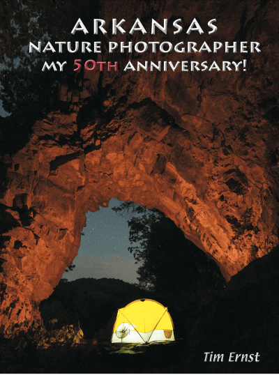 Cover of "Arkansas Nature Photographer My 50th Anniversary! by Tim Ernst," showing a glowing tent beneath a nighttime rock arch.