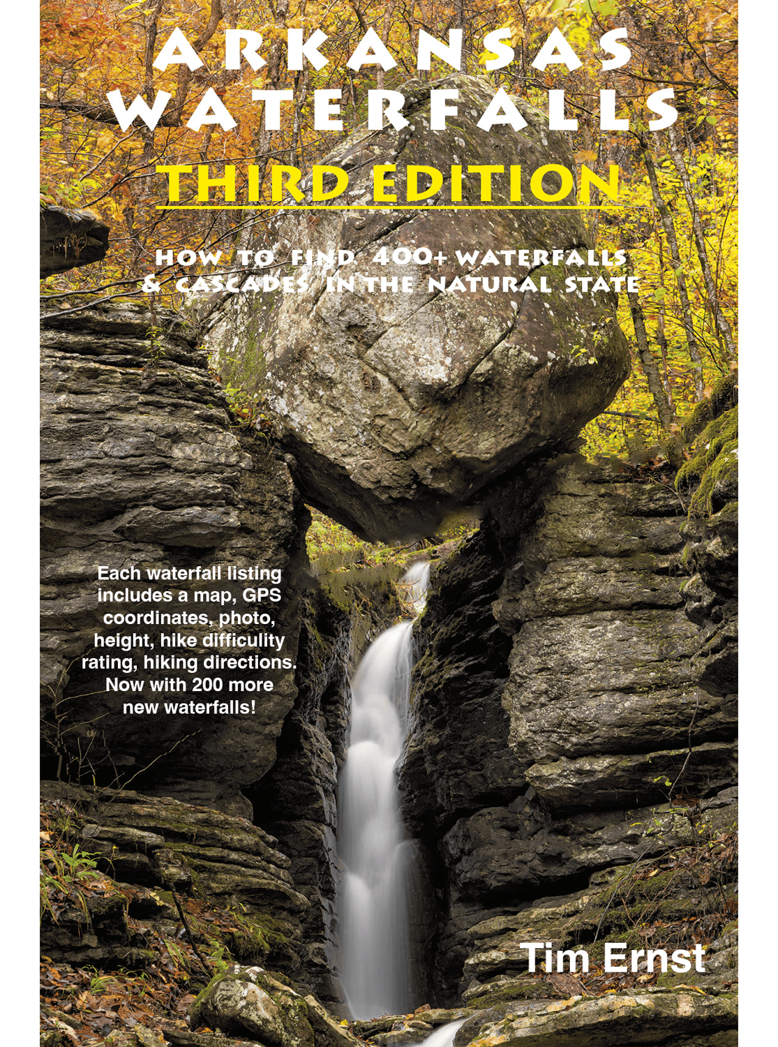 Cover of the "Arkansas Waterfalls Guidebook #3 Spiral Bound" shows a waterfall cascading between rocky cliffs with autumn foliage in the background.