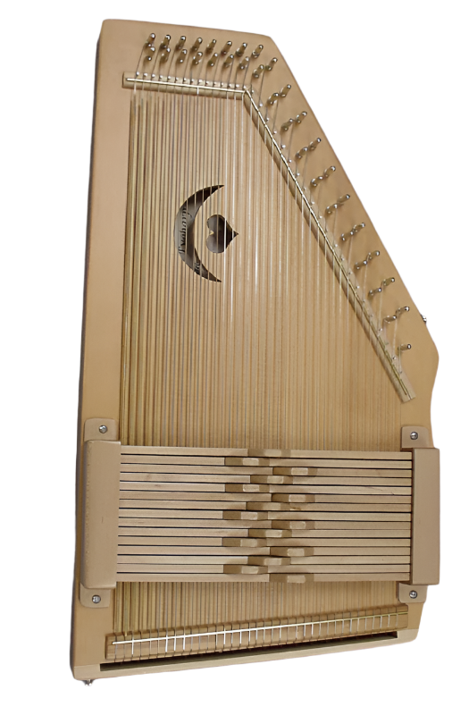 The Evoharp 15 Bar w/Case, a wooden autoharp with metal strings, diatonic tuning, tuning pegs, and a crescent-shaped sound hole, is shown against a plain gray background.