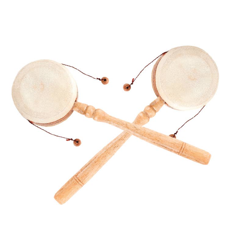 The Dumplin Drum from Benjamin International is a pair of wooden hand drums with small beads on strings that cross at the handles, creating a unique musical instrument that delivers a distinctive and rhythmic sound.