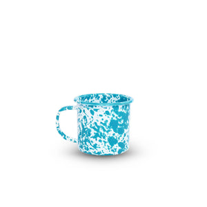 A Splatter Enamelware 12 oz Mug in blue and white, featuring a handle, displayed on a plain white background.