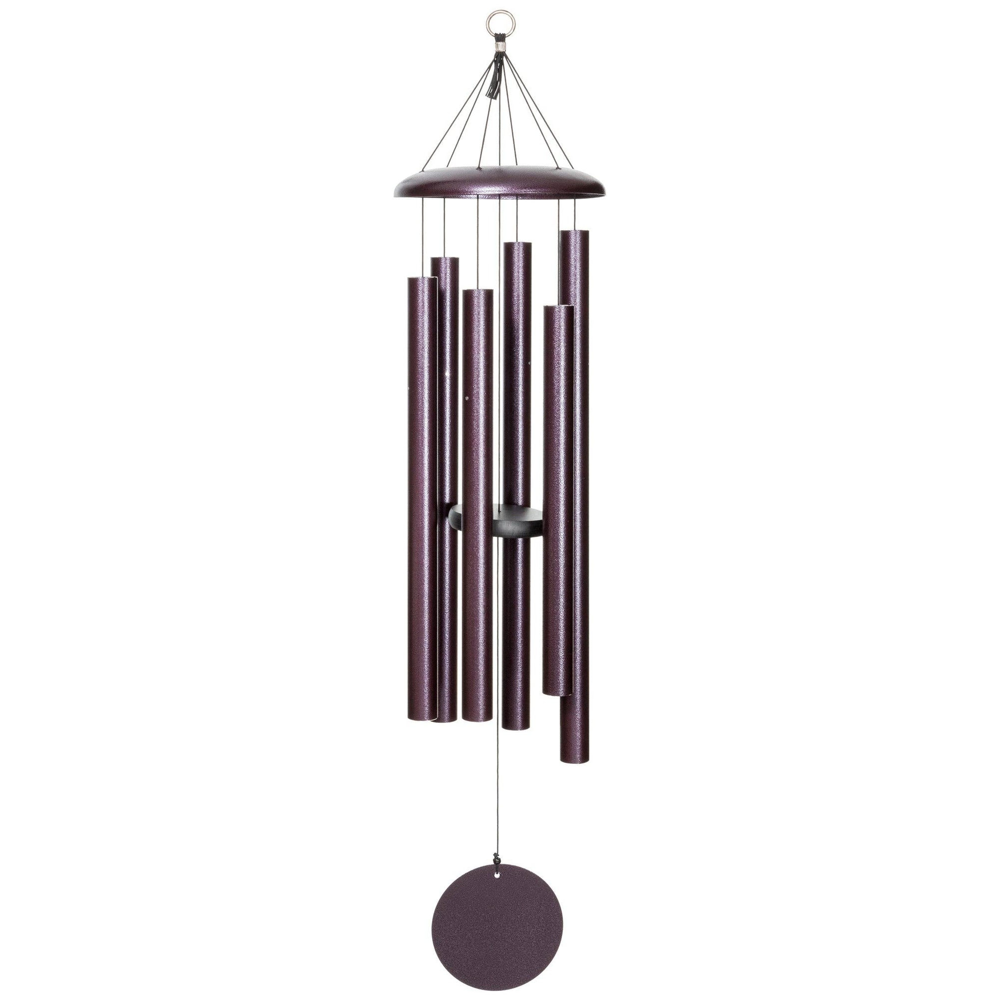 The Corinthian Bells® 44-inch Windchime, featuring dark purple cylindrical tubes suspended from a circular top and complemented by a round bottom weight, adds depth and flair to any space.