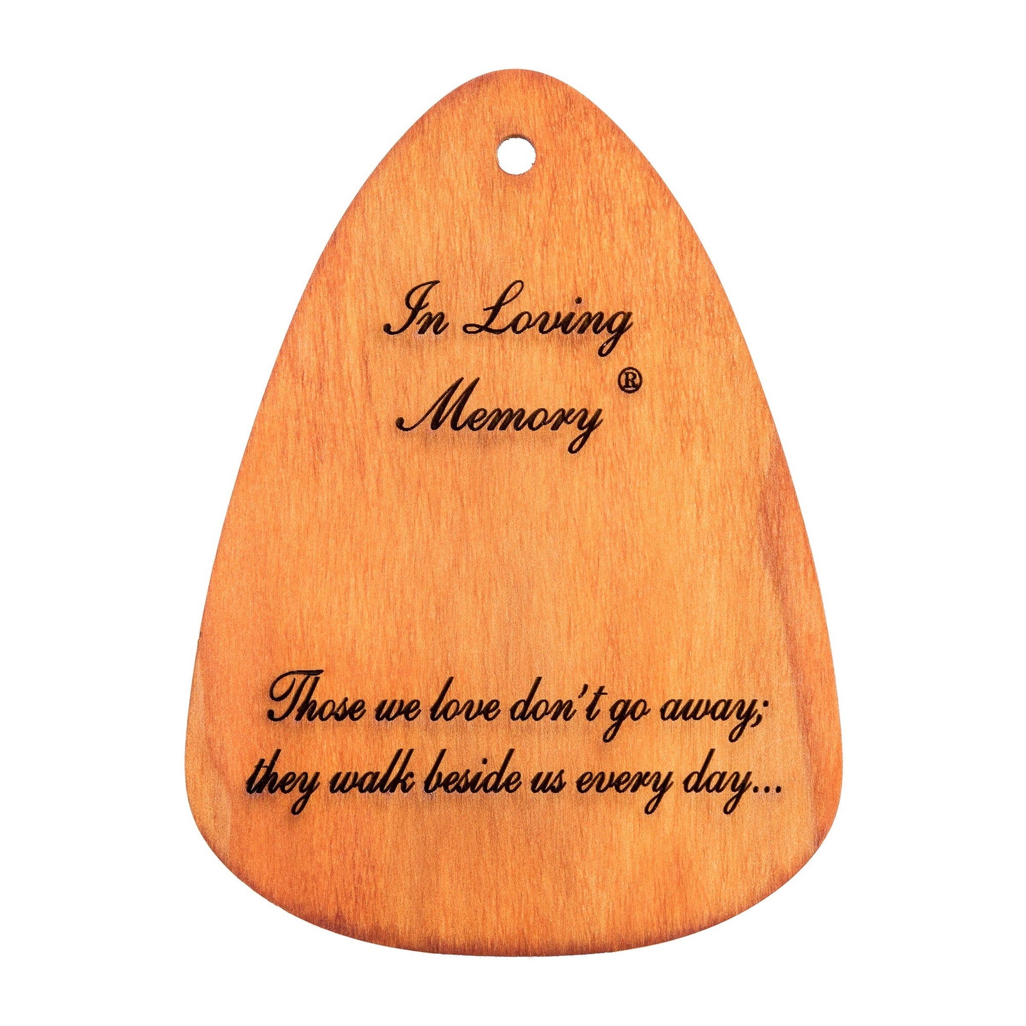 A custom laser engraved wooden heart made from American redwood, serving as the perfect In Loving Memory® Silver 18-inch Windchime keepsake.