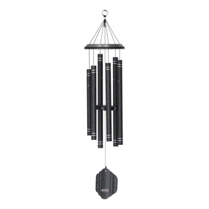 The 36" Windchime Arabesque® features six black metal tubes, a circular top, and a flat wind catcher, all suspended by a ring—a unique gift that brings soothing sounds to any space.