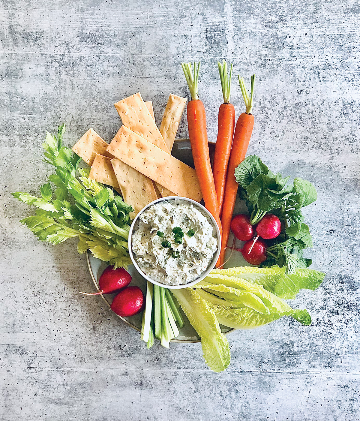 A plate with fresh vegetables including carrots, radishes, celery, lettuce, and breadsticks is accompanied by a bowl of Fiesta Spinach Dip garnished with herbs.