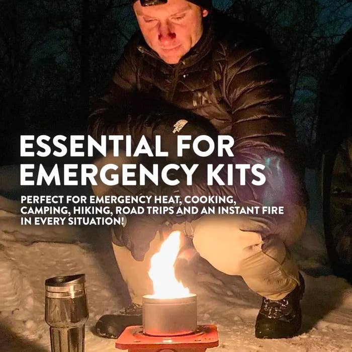 A man in a winter jacket lights a Mini Portable Fire Pit - City Bonfires® by Coleman® in the snow, with text promoting it as essential for outdoor adventures.