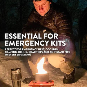 A man in a winter jacket lights a Mini Portable Fire Pit - City Bonfires® by Coleman® in the snow, with text promoting it as essential for outdoor adventures.