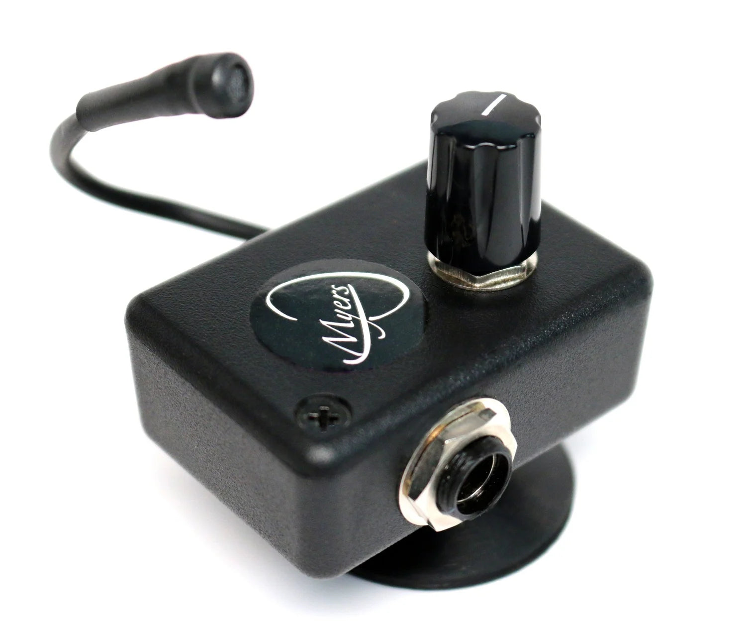 The Myers The Grip 3" Pickup - External is a black device featuring a control knob, input jack, attached cable, and a flexible Micro-Gooseneck for precise placement and natural sound from any string instrument grip.