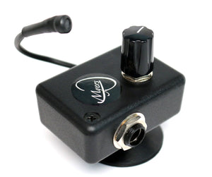 The Myers The Grip 3" Pickup - External is a black device featuring a control knob, input jack, attached cable, and a flexible Micro-Gooseneck for precise placement and natural sound from any string instrument grip.