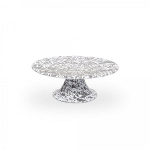 Splatter Enamelware Cake Stand in speckled gray and white, featuring a wide, round top and sturdy flared base, ideal for entertaining or serving in style, shown on a plain white background.