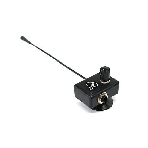 The Myers The Grip 6" Pickup - External is a compact black electronic device with a flexible micro-gooseneck antenna, single control knob, 1/4-inch input jack, and logo, designed for natural sound capture and securely mounted on a round base.