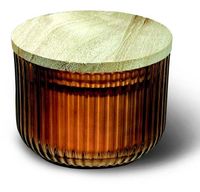 The Chestnut Glass Bowl Swan Creek Candles features a round amber glass jar with vertical ribbing and a flat, light wood lid.