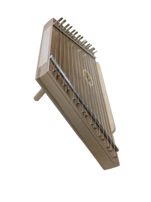 The Lap Harp Stand, a wooden instrument featuring multiple metal strings and tuning pegs, is shown resting against a plain white background.