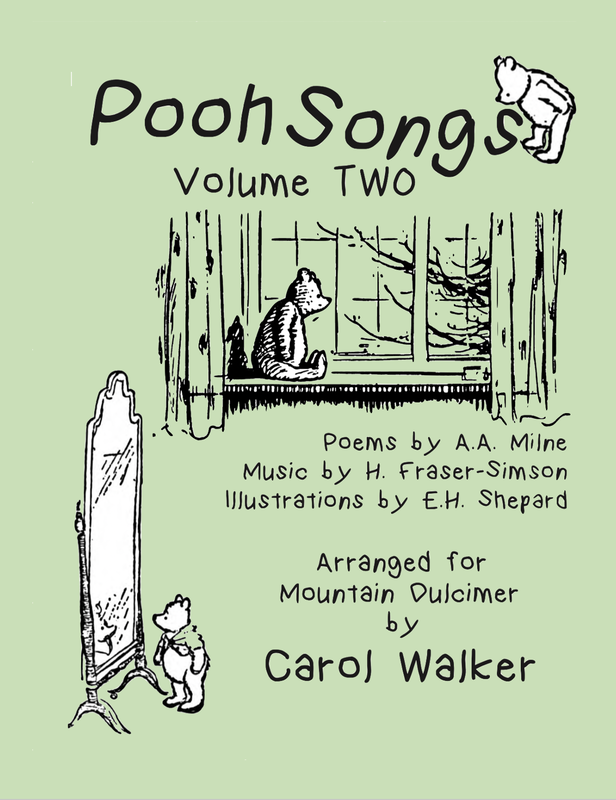 Cover of "Pooh Songs Vol Two by Carol Walker," featuring an illustration of Pooh Bear by E.H. Shepard, poems by Milne, and music by Fraser-Simson, arranged for mountain dulcimer.