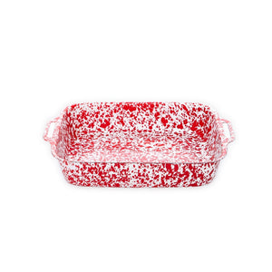 Splatter Enamelware Lasagna Pan with two side handles, showcasing a red and white speckled pattern and a smooth porcelain finish, displayed on a white background.