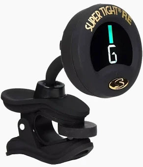 The Snark Super Tight Rechargeable Tuner is a black clip-on digital tuner showing "G" and a vertical tuning indicator on its display.