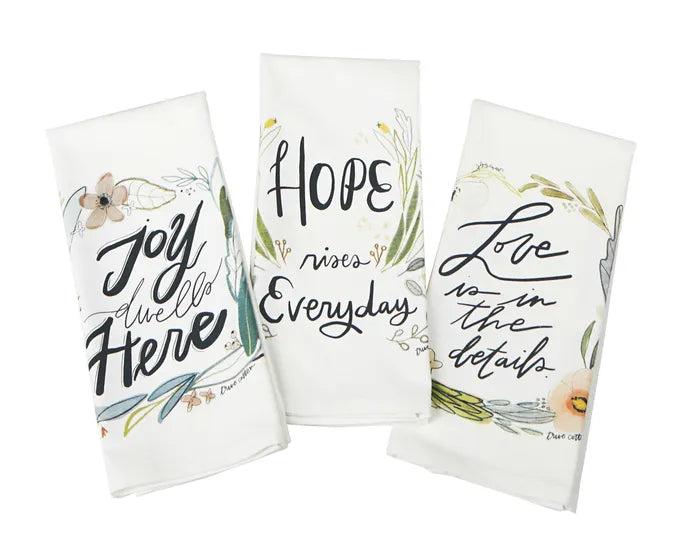 An exquisite 3 Piece Kitchen Towel Set with Hope, Love, and Joy featuring the words hope and joy, with an additional towel displaying the phrase everything here.