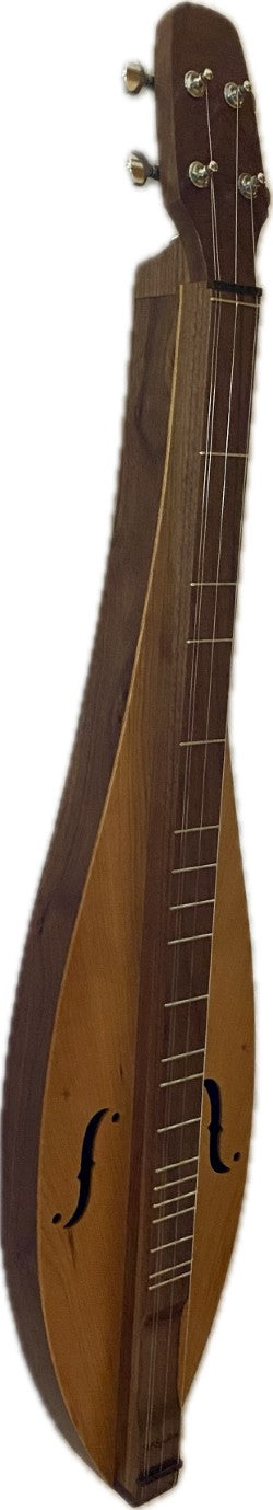 The 4FTWC is a handcrafted Appalachian dulcimer with a teardrop body, featuring four strings, tuning pegs, and two sound holes, resembling a McSpadden Dulcimer. It has a walnut back and sides with a cherry top and comes with a lifetime warranty.