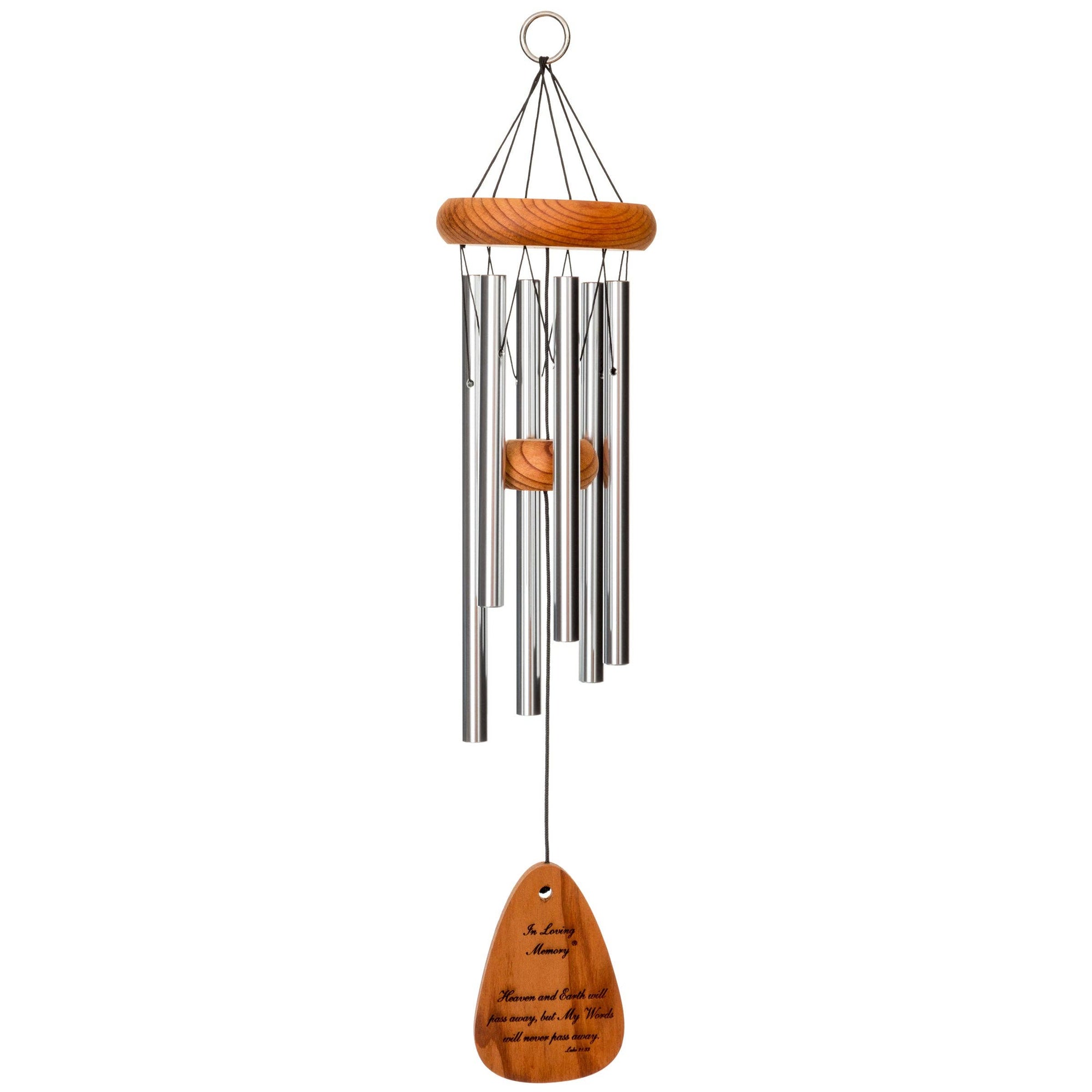 An In Loving Memory® Silver 18-inch Windchime made of American redwood and metal object with custom laser engraving.