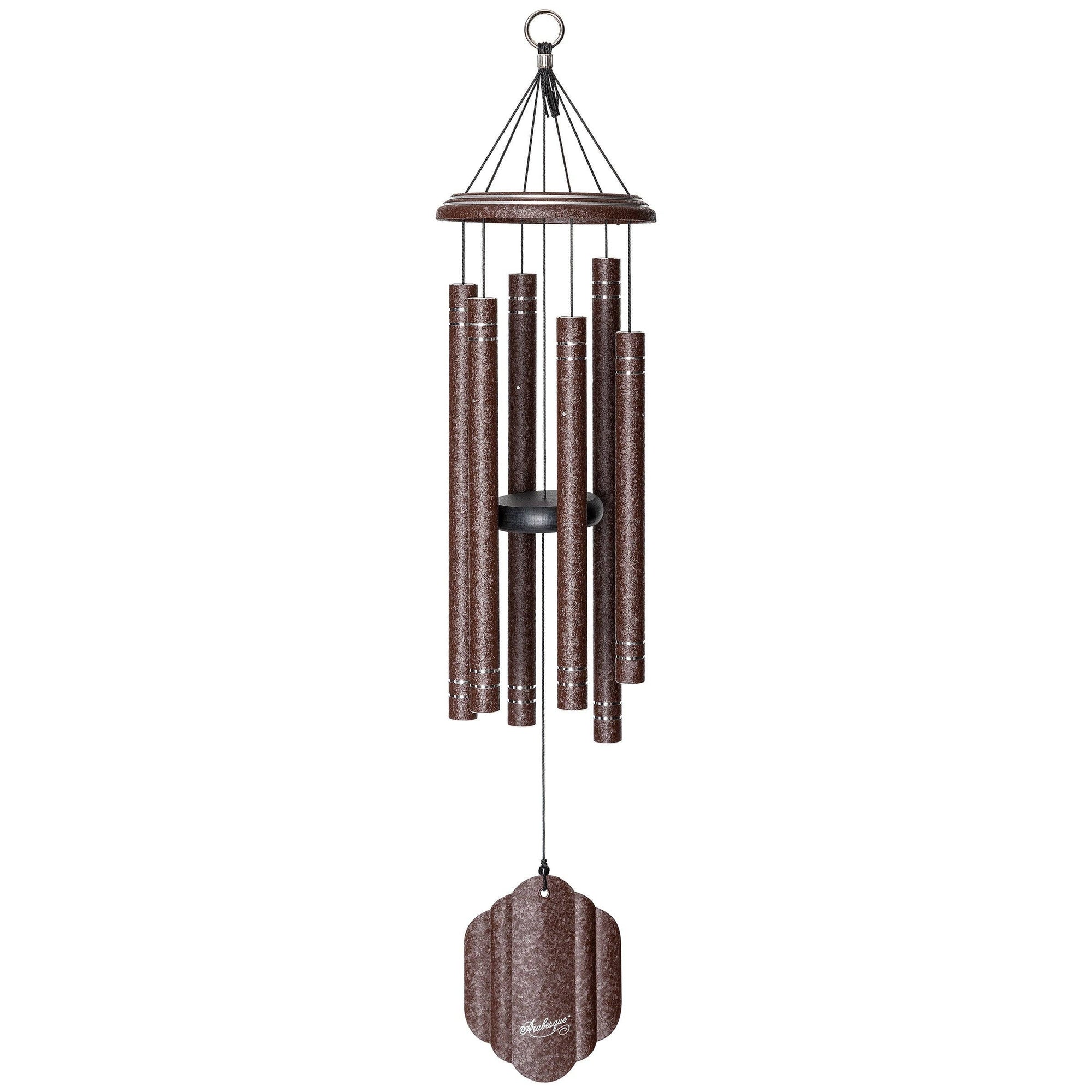 An elegant 32" Windchime Arabesque® hanging on a serene white background, boasting a design that harmoniously combines beauty and functionality, producing mesmerizing high-quality sound.
